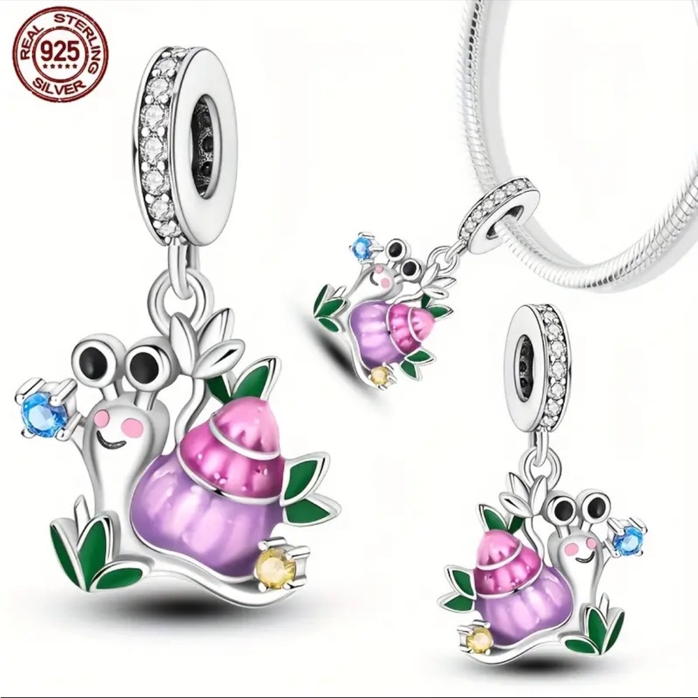 Sterling Silver Snail Charm with Pink and Green Accents